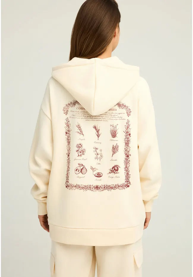 FUNKY BUDDHA Oversized Φούτερ Κουκούλα Τύπωμα με Βότανα στην Πλάτη Εκρού πίσω όψη