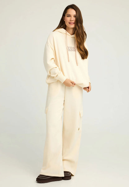 FUNKY BUDDHA Oversized Φούτερ Κουκούλα Τύπωμα με Βότανα στην Πλάτη Εκρού ολόσωμη εμφάνιση