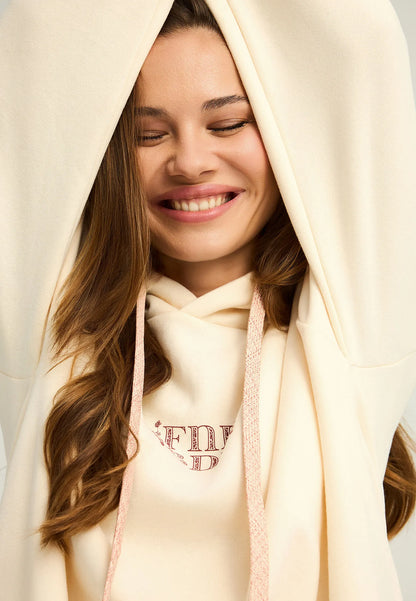 FUNKY BUDDHA Oversized Φούτερ Κουκούλα Τύπωμα με Βότανα στην Πλάτη Εκρού λεπτομέρεια μπροστινή όψη