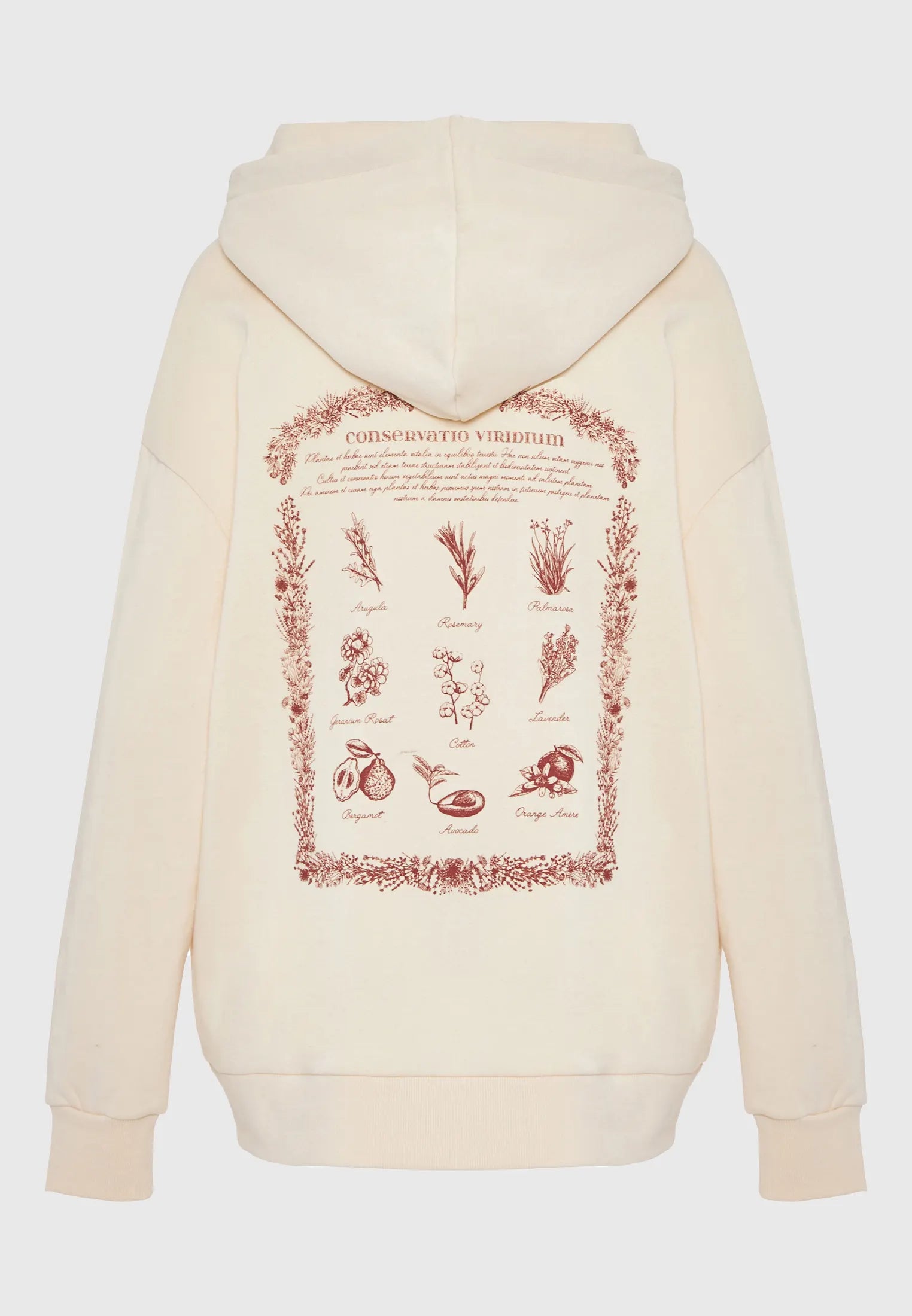 FUNKY BUDDHA Oversized Φούτερ Κουκούλα Βοτανικό Τύπωμα Εκρού λεπτομέρεια τυπώματος πλάτης