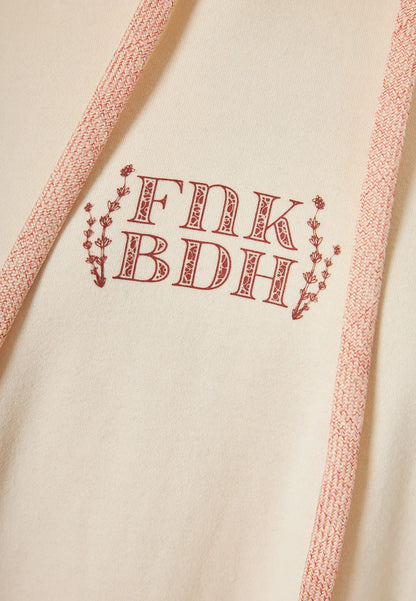 FUNKY BUDDHA Oversized Φούτερ Κουκούλα Τύπωμα με Βότανα στην Πλάτη Εκρού κοντινή λήψη λογότυπο μπροστινή όψη