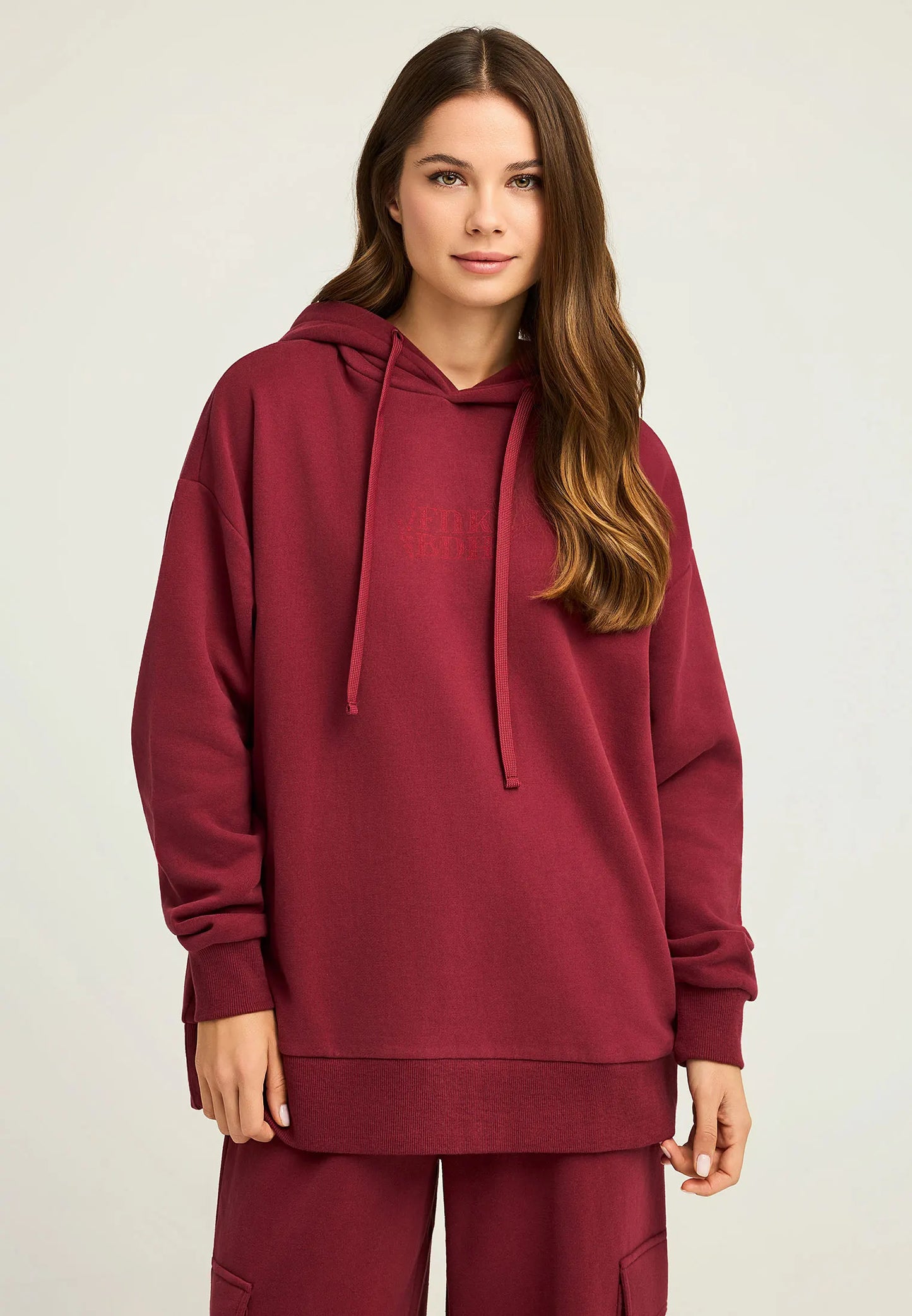 FUNKY BUDDHA Oversized Φούτερ Κουκούλα Τύπωμα με Βότανα στην Πλάτη Μπορντό  μπροστινή όψη