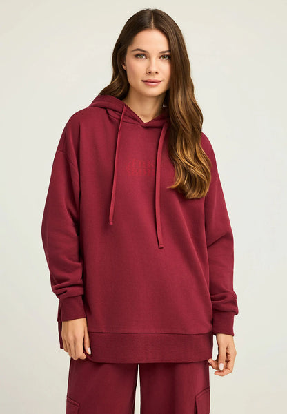 FUNKY BUDDHA Oversized Φούτερ Κουκούλα Τύπωμα με Βότανα στην Πλάτη Μπορντό  μπροστινή όψη
