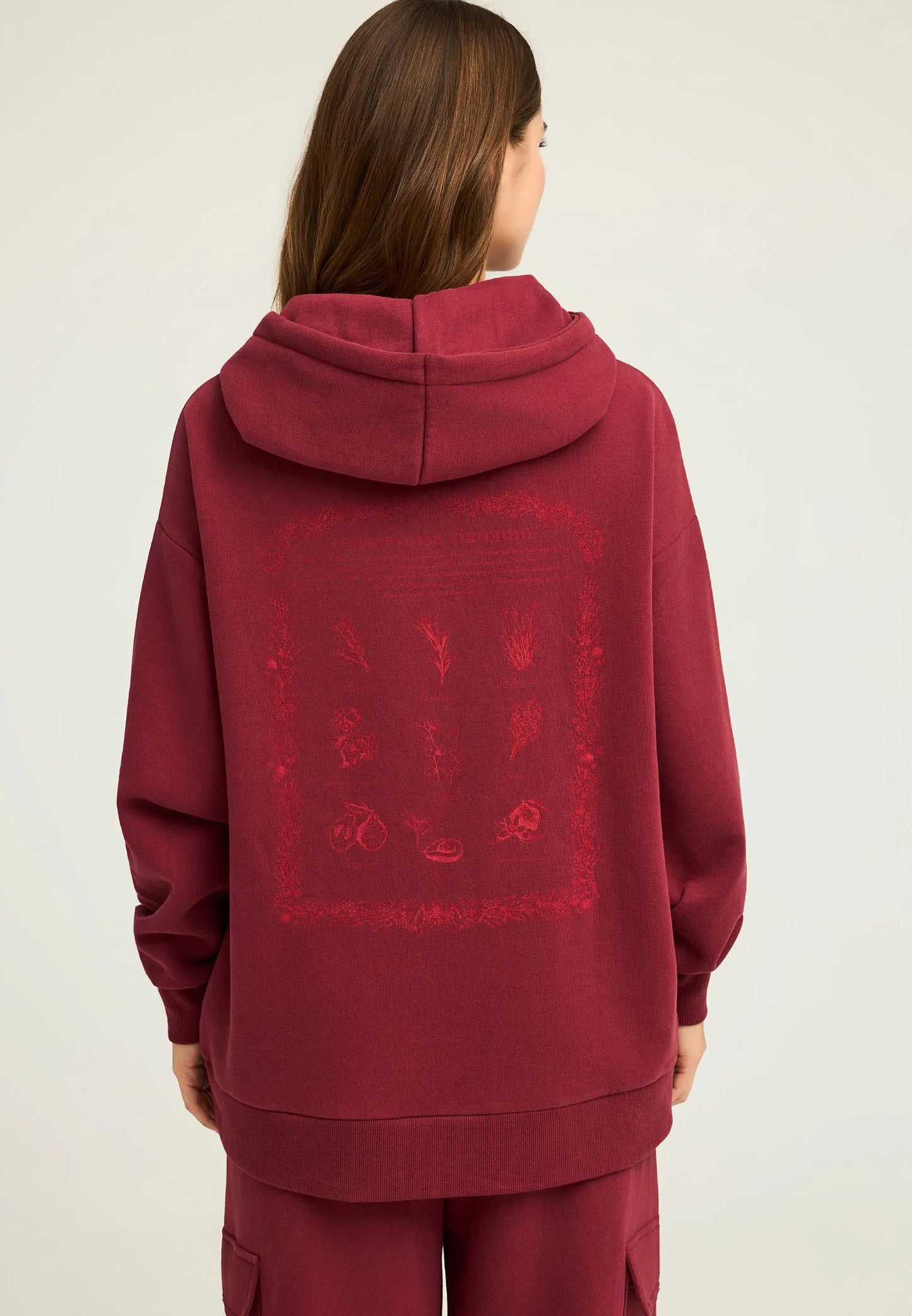 FUNKY BUDDHA Oversized Φούτερ Κουκούλα Τύπωμα με Βότανα στην Πλάτη Μπορντό  πίσω όψη