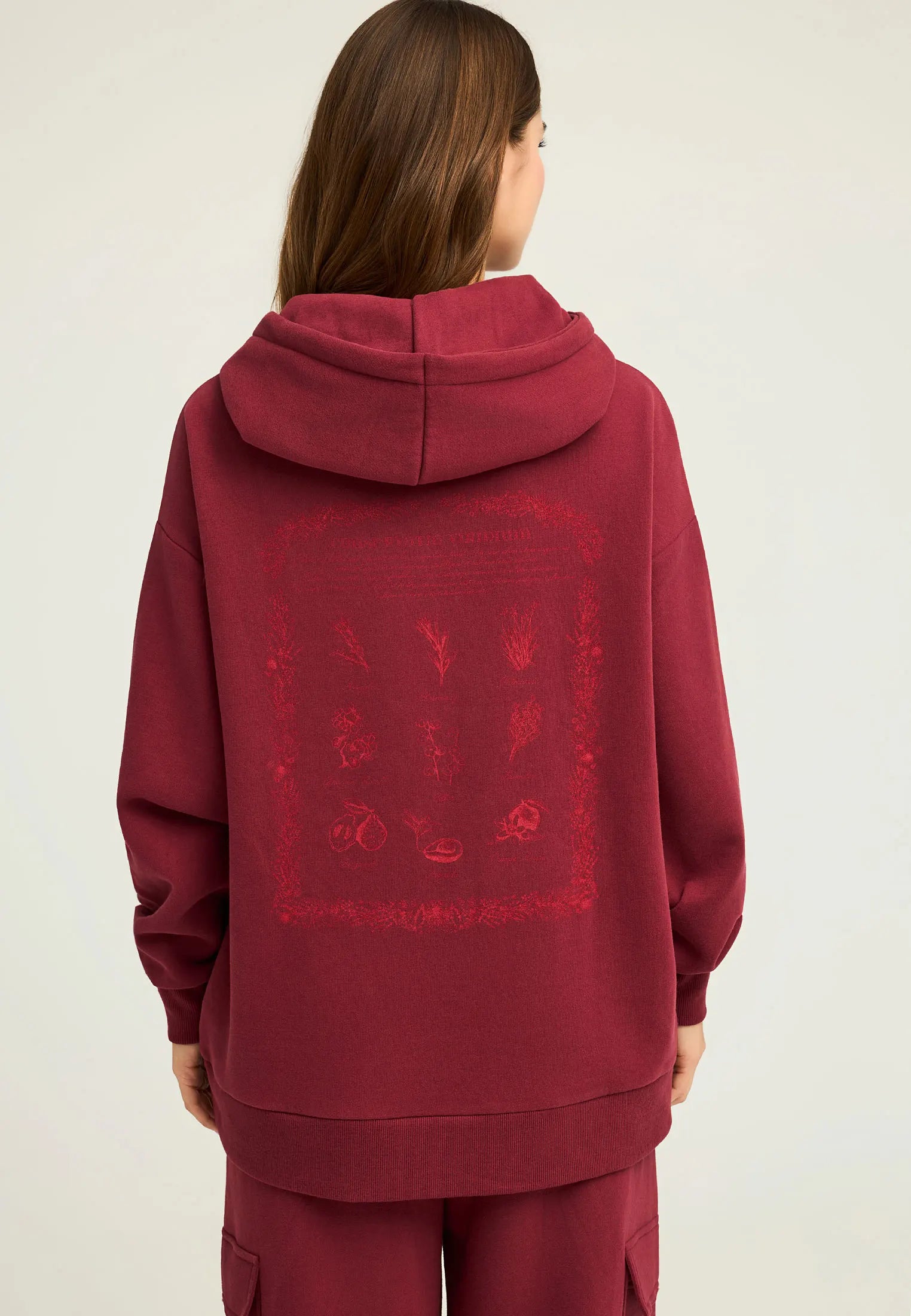 FUNKY BUDDHA Oversized Φούτερ Κουκούλα Τύπωμα με Βότανα στην Πλάτη Μπορντό  πίσω όψη