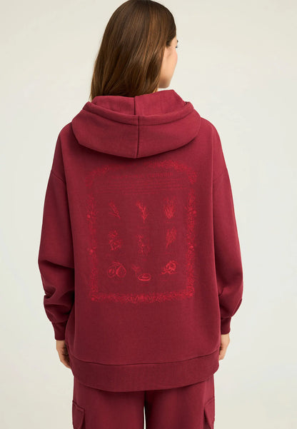 FUNKY BUDDHA Oversized Φούτερ Κουκούλα Τύπωμα με Βότανα στην Πλάτη Μπορντό  πίσω όψη