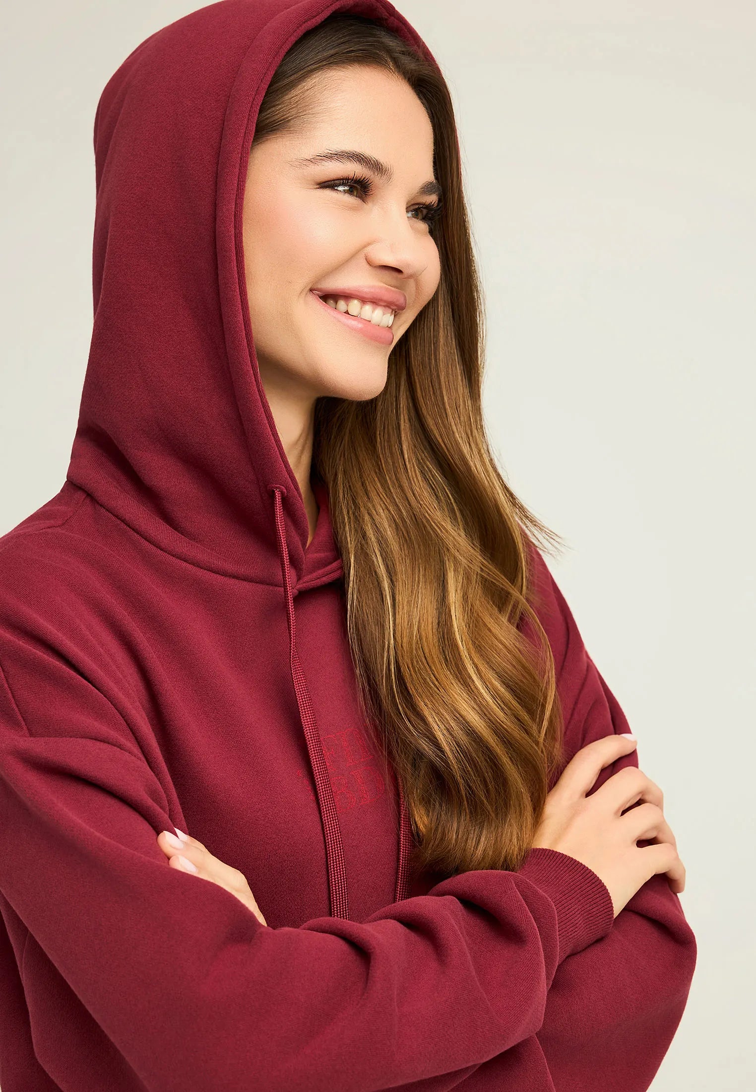 FUNKY BUDDHA Oversized Φούτερ Κουκούλα Τύπωμα με Βότανα στην Πλάτη Μπορντό λεπτομέρεια κουκούλα