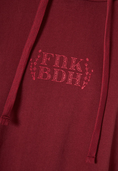 FUNKY BUDDHA Oversized Φούτερ Κουκούλα Τύπωμα με Βότανα στην Πλάτη Μπορντό λεπτομέρεια τύπωμα λογότυπο μπροστινή όψη