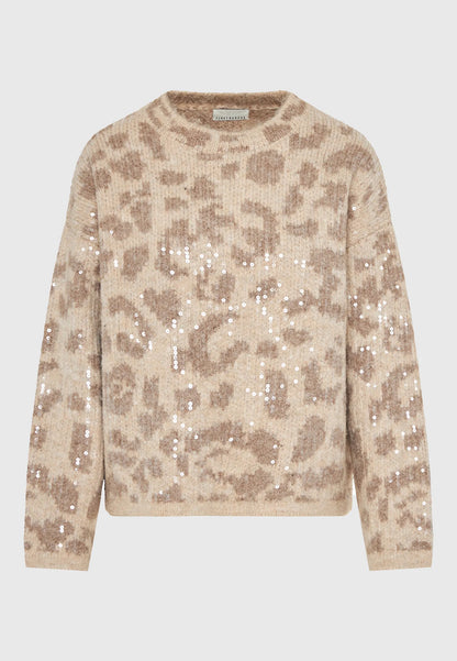 Funky Buddha γυναικείο εκρού λεοπάρ πλεκτό πουλόβερ με παγιέτες