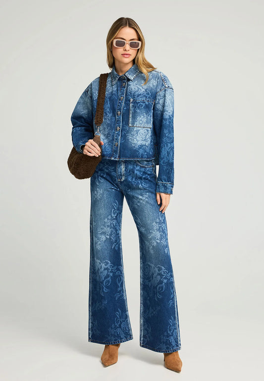 Τζιν Παντελόνι Wide Leg με Φλοράλ Μοτίβο