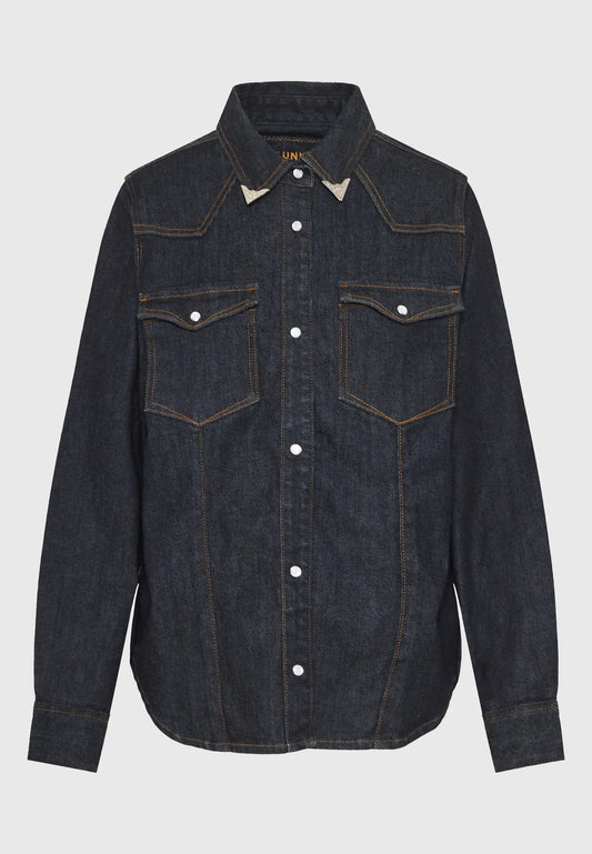 FUNKY BUDDHA Γυναικείο Τζιν Πουκάμισο Dark Blue Κανονική Εφαρμογή μπροστινή όψη