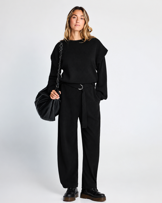 γυναικεία FUNKY BUDDHA μαύρο κοτλέ παντελόνι jogger με matching ribbed φούτερ ολόσωμη εμφάνιση casual σύνολο
