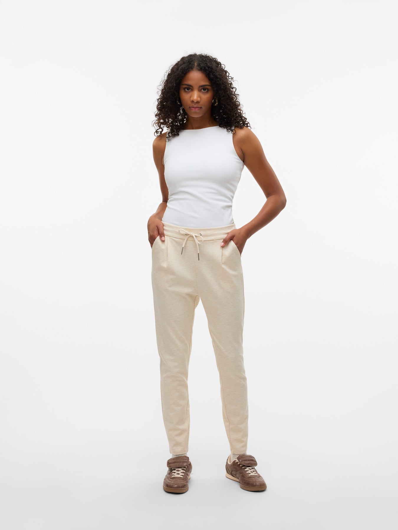 Παντελόνι Tapered Εκρού  Λάστιχο στην Μέση με Κορδονάκι