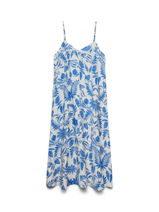 VERO MODA Φόρεμα Midi Φλοράλ με Τιράντες Εκρού-Μπλε