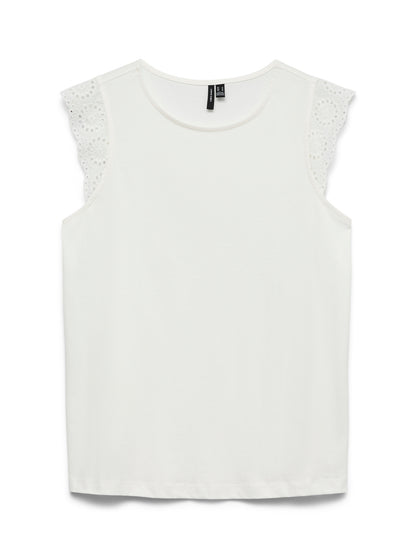 VERO MODA T-shirt Αμάνικο Οργανικό Βαμβάκι Δαντέλα στον Ώμο Λευκό