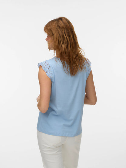T-shirt Αμάνικο από Οργανικό Βαμβάκι Δαντέλα στον Ώμο