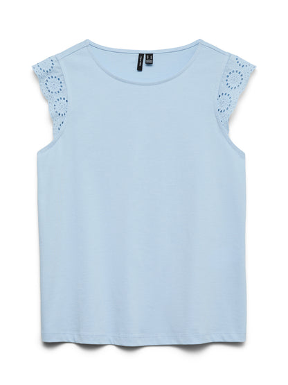VERO MODA T-shirt Αμάνικο Οργανικό Βαμβάκι Δαντέλα στον Ώμο Γαλάζιο