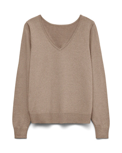 γυναικεία VERO MODA μπεζ πλεκτή μπλούζα V-neck μεταλλική λάμψη flat όψη
