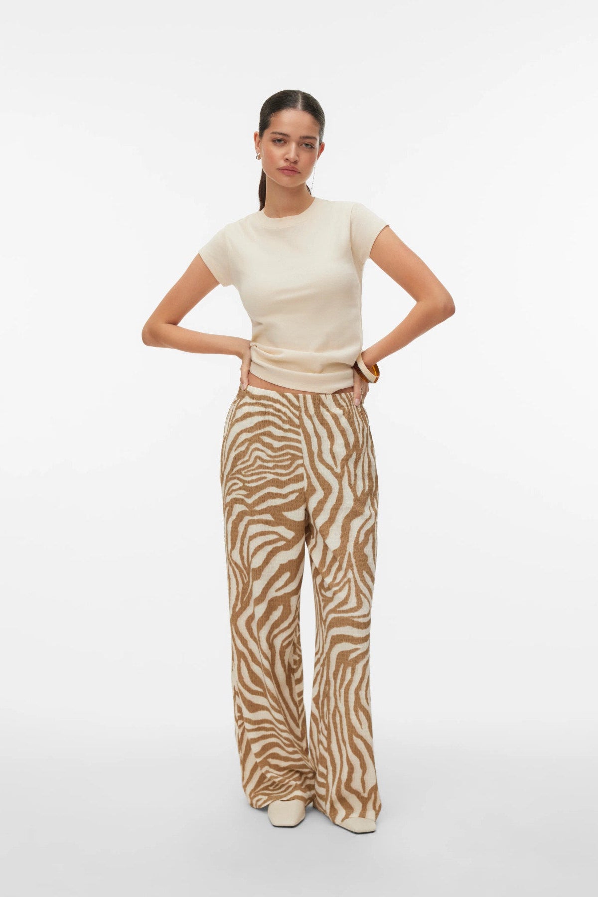 Παντελόνα Animal Print Wide Leg Ελαστική Μέση Μπεζ-Εκρού