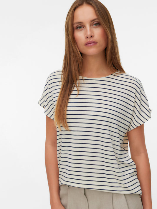 VERO MODA T-shirt Ριγέ Cap Sleeves Εκρού-Μπλε μπροστινή όψη