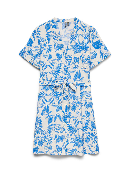 VERO MODA Γυναικείο Φόρεμα Σεμιζιέ Φλοράλ με Ζώνη Εκρού-Μπλε