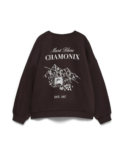 γυναικείο VERO MODA σκούρο καφέ oversized φούτερ Mont Blanc Chamonix graphic βουνά τελεφερίκ flat πίσω όψη
