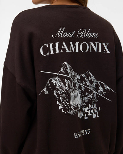 γυναικείο VERO MODA σκούρο καφέ oversized φούτερ Mont Blanc Chamonix graphic βουνά τελεφερίκ detail πλάτης
