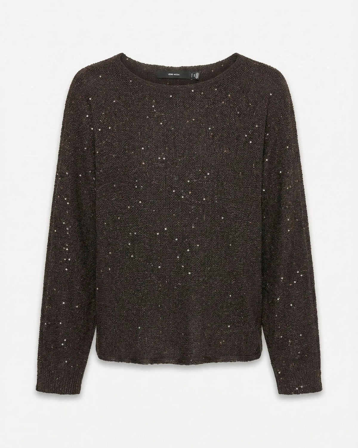 γυναικεία VERO MODA καφέ πλεκτή μπλούζα παγιέτες boat neck batwing μανίκια flat όψη
