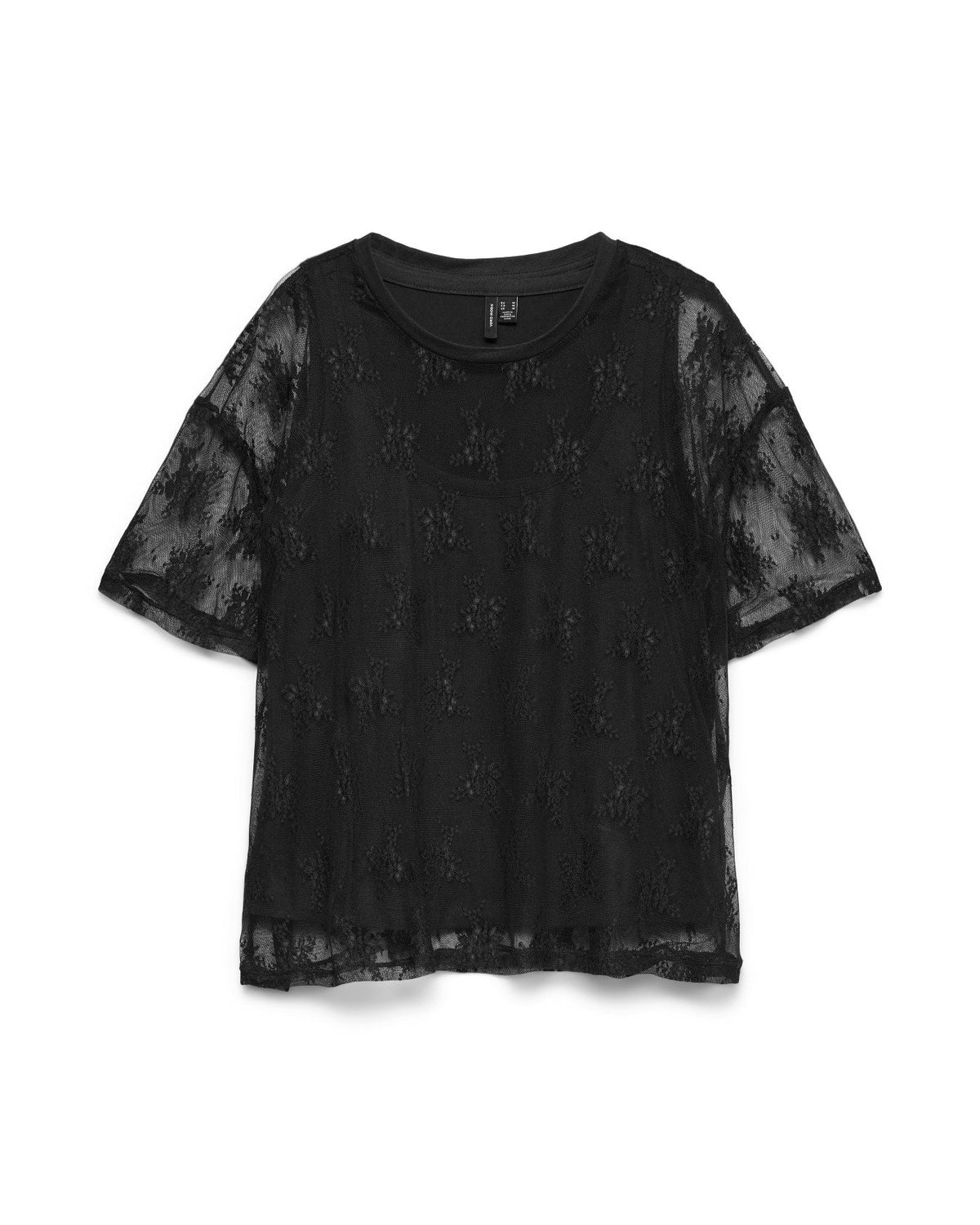 γυναικεία VERO MODA μαύρη μπλούζα floral δαντέλα κοντά μανίκια flat όψη
