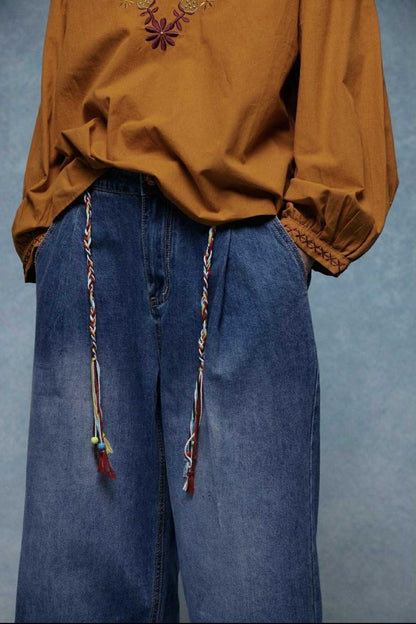 GIOYA jeans culotte wide leg dark blue denim - λεπτομέρεια διακοσμητικών κορδονιών