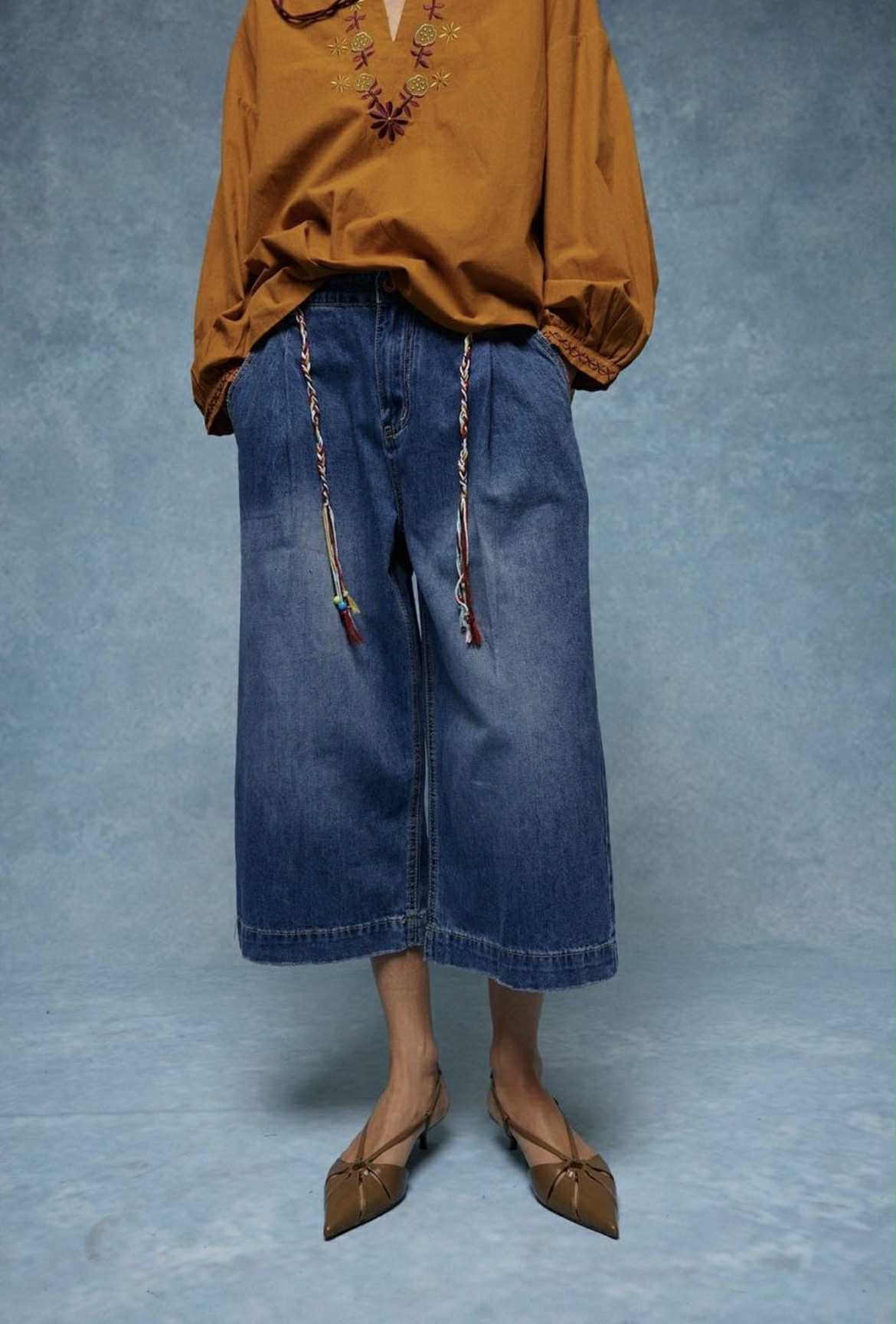 GIOYA jeans culotte wide leg dark blue denim - μπροστινή όψη crop