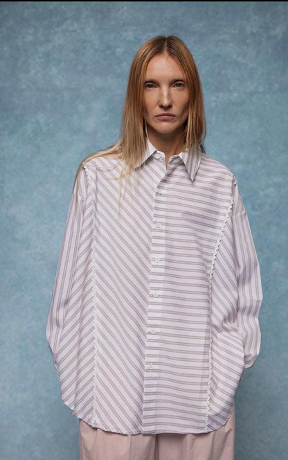 GIOYA πουκάμισο oversized μπεζ ριγέ - μπροστινή όψη