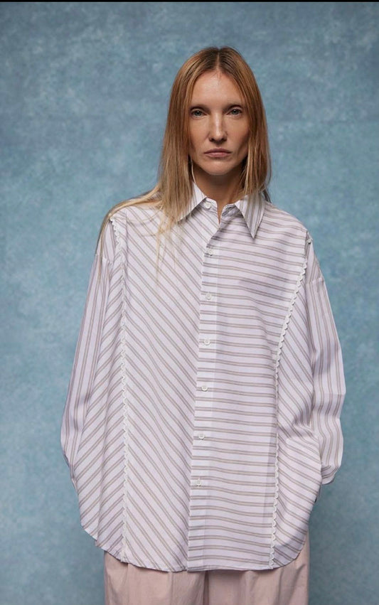 GIOYA πουκάμισο oversized μπεζ ριγέ - μπροστινή όψη