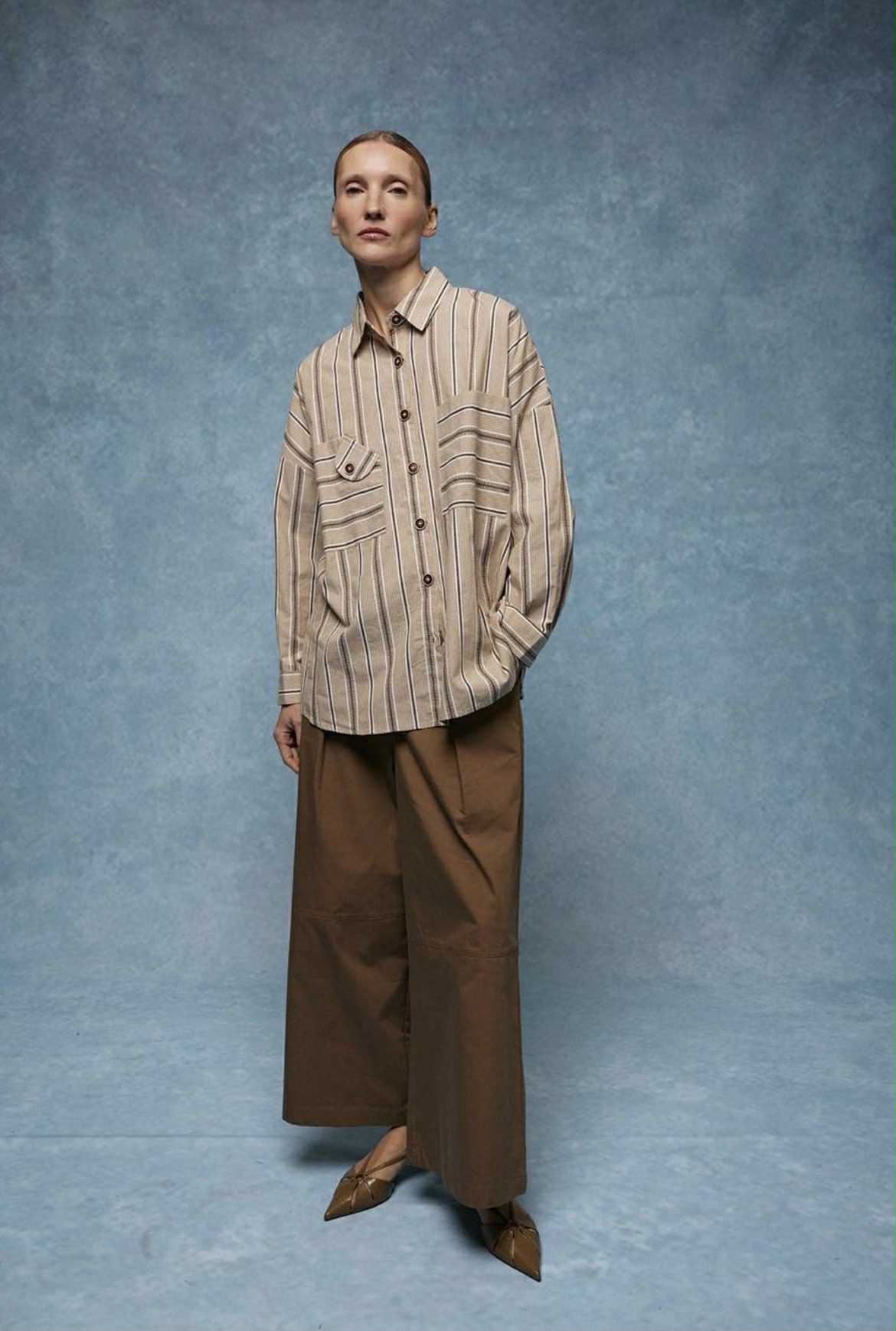 GIOYA πουκάμισο ριγέ μπεζ καφέ - full body