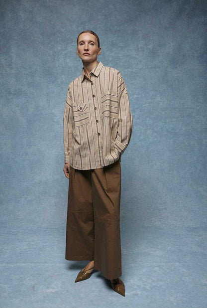 GIOYA πουκάμισο ριγέ μπεζ καφέ - full body