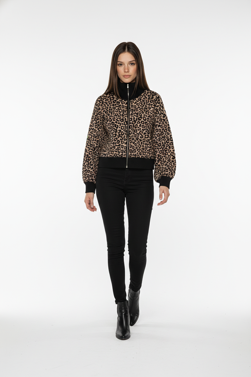 Ζακέτα Bomber Ψηλός Γιακάς Λεοπάρ Print