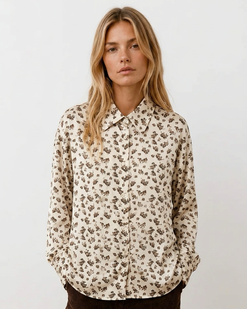 Γυναικείο πουκάμισο floral print εκρού και καφέ, κλασικός γιακάς, μακριά μανίκια
