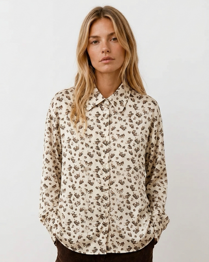Γυναικείο πουκάμισο floral print εκρού και καφέ, κλασικός γιακάς, μακριά μανίκια

