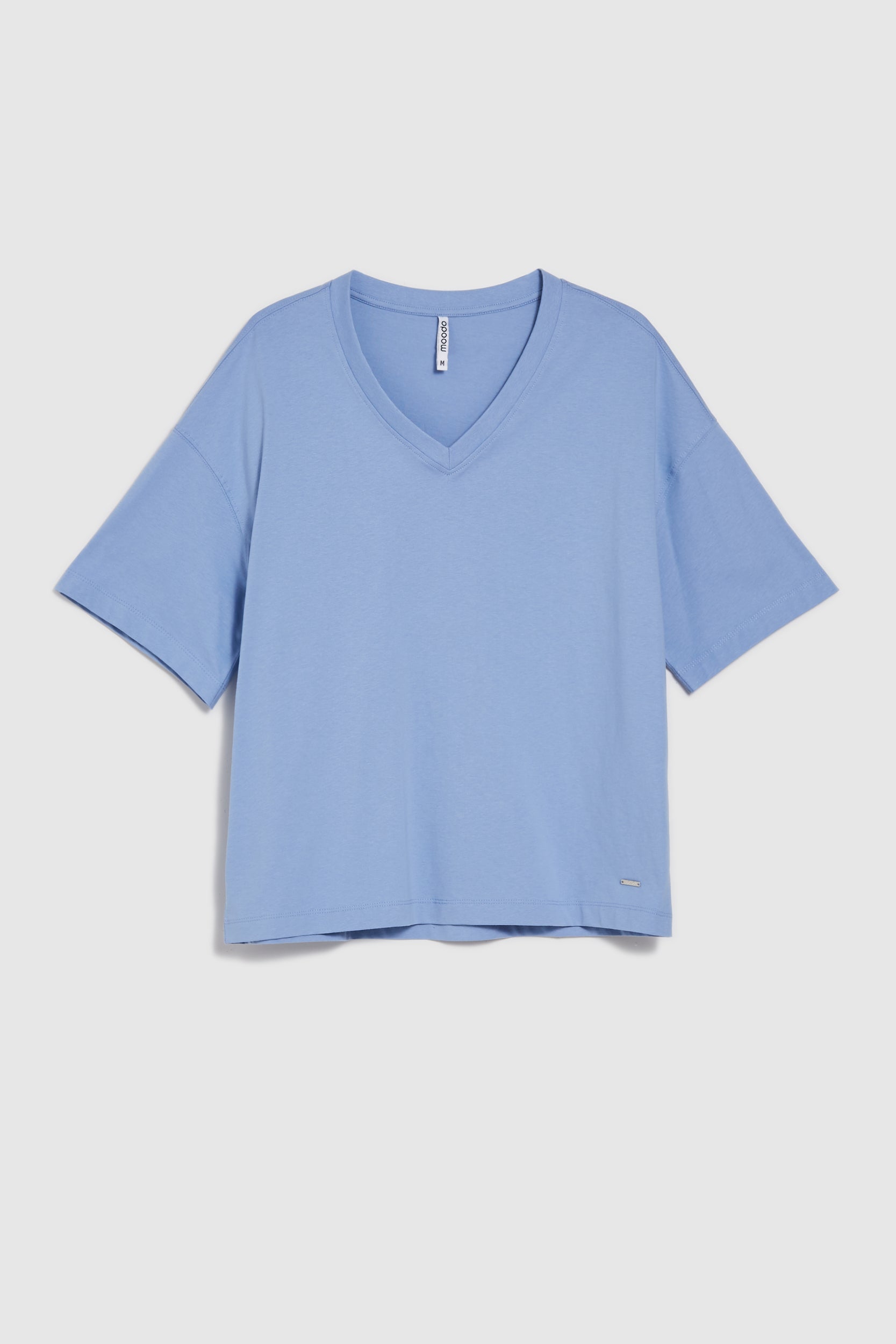 MOODO γαλάζιο basic t-shirt, επίπεδη φωτογραφία, V λαιμόκοψη, μανίκι μέχρι τον αγκώνα, ριχτοί ώμοι, 100% cotton