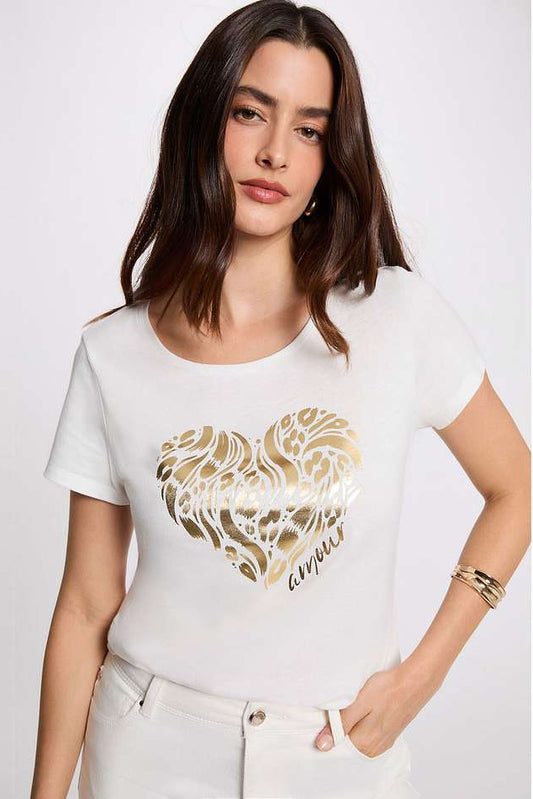 T-shirt Λευκό με Τύπωμα Χρυσή Καρδιά