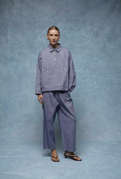 GIOYA jeans wide leg striped blue white - full body