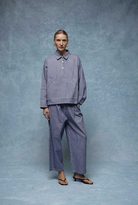 GIOYA jeans wide leg striped blue white - full body