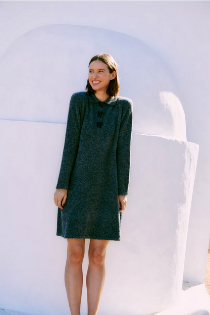 Φόρεμα Πλεκτό Γιακάς Φιόγκος Κουμπιά