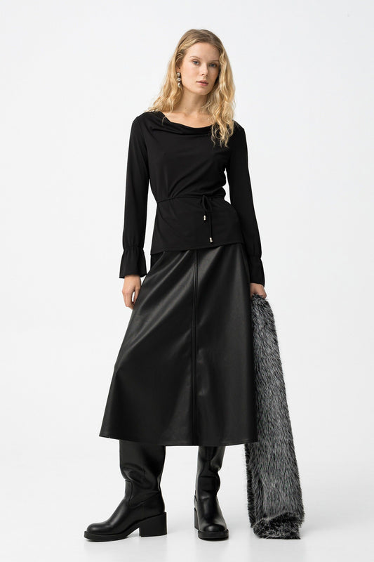 Tiffosi Midi Φούστα Δερματίνη Regular Fit Μαύρη ολόσωμη εμφάνιση μπροστινή όψη