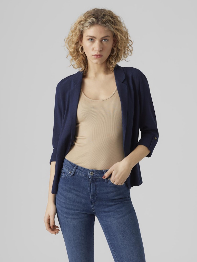 VERO MODA γυναικείο casual σακάκι μπλε, μπροστινή όψη, με μανίκι 3/4 και χωρίς κουμπί