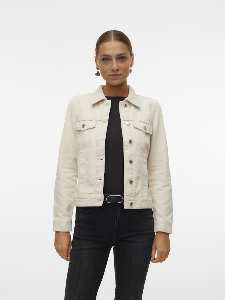 VERO MODA VMZORICA LS DENIM JACKET 10279789 γυναικείο τζιν μπουφάν εκρού, ίσια γραμμή, τσέπες, κουμπιά. Μπροστινή όψη