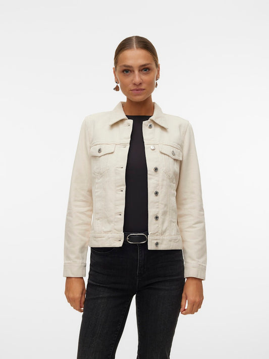 VERO MODA VMZORICA LS DENIM JACKET 10279789 γυναικείο τζιν μπουφάν εκρού, ίσια γραμμή, τσέπες, κουμπιά. Μπροστινή όψη