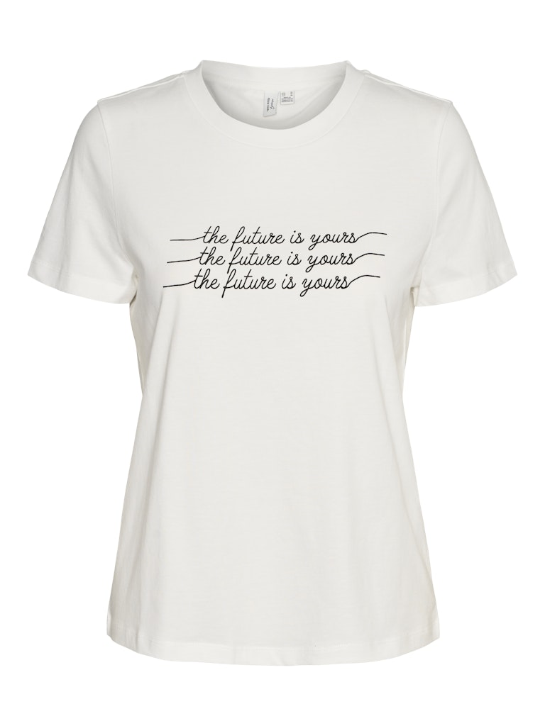 VERO MODA Γυναικείο t-shirt λευκό με τύπωμα THE FUTURE IS YOURS, στρογγυλή λαιμόκοψη, κανονική εφαρμογή, μπροστινή όψη χωρίς μοντέλο.