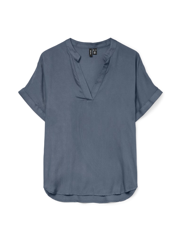 VERO MODA μπλε basic top viscose, επίπεδη φωτογραφία, V-λαιμόκοψη, κοντό μανίκι με ρεβέρ, κανονική γραμμή