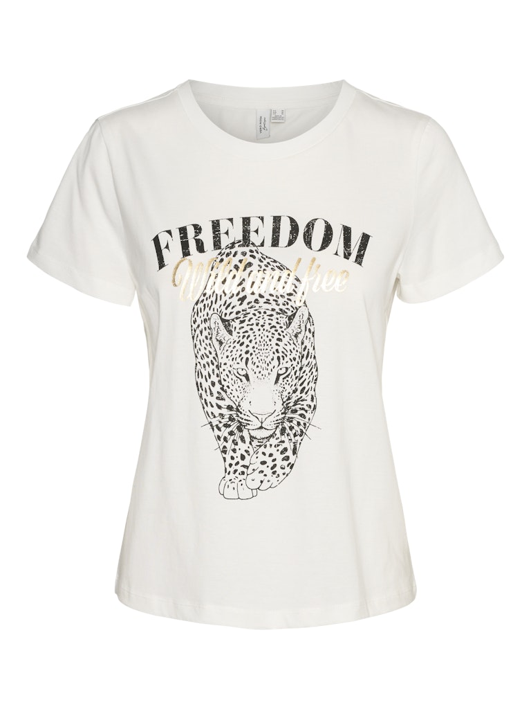 VERO MODA Γυναικείο λευκό t-shirt με τύπωμα ANIMAL FREEDOM WILD AND FREE, στρογγυλή λαιμόκοψη, κανονική γραμμή, μπροστινή όψη χωρίς μοντέλο